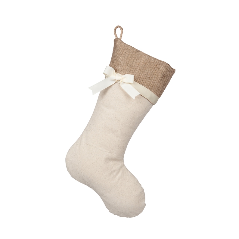 Quilted Christmas Stockings with Burlap Cuff and Ivory Grosgrain Bow image 1