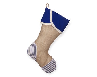 Burlap Christmas Stocking with Blue Stripes, Heel & Toe Patches - Style C