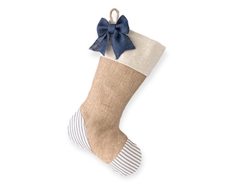 Burlap Christmas Stocking with Blue Stripes, Heel & Toe Patches, Handmade Natural Burlap Bow - Style A