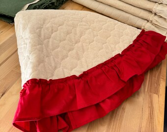 56" Quilted Christmas Tree Skirt with Red Hemmed Ruffle Fringe - 56 Inch Diameter