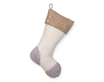 Off White Stocking with Blue Stripe Heel & Toe Patches, Burlap Cuff with Two Hand-Sewn Wooden Buttons