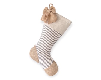 Blue Ticking Stocking with Burlap Heel and Toe Patches, Off White Cuff with Navy Blue Burlap Bow