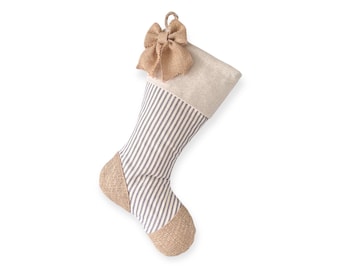 Blue Ticking Christmas Stocking: Burlap Heel, Toe, and Bow