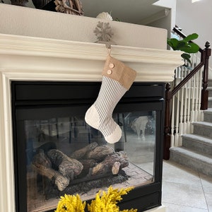 Blue Stripe Stocking with Light Beige Heel and Toe Patches, Burlap Cuff with Two Hand-Sewn Wood Buttons image 8