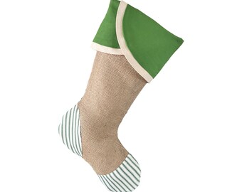 Christmas Stocking with Burlap and Green Ticking Accents