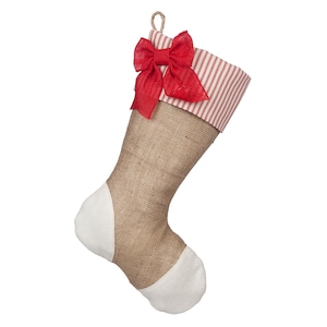 Christmas Stocking with Burlap and Red Ticking Accents