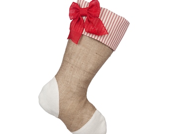 Christmas Stocking with Burlap and Red Ticking Accents