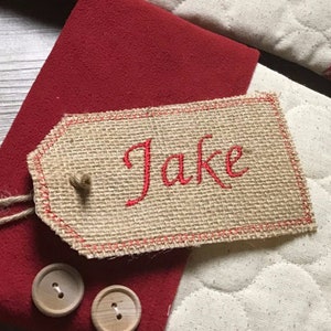 Stocking Tags Personalized Embroidered Burlap Stocking Tag, Reusable Gift Tag image 1