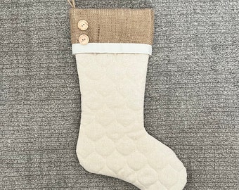 Christmas Stocking - Quilted and Burlap Stocking with Two Hand-Sewn Wooden Buttons