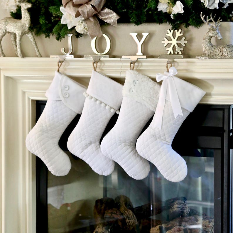 White Christmas Stockings with Optional Personalized Stocking Tags, Set of 4 image 1