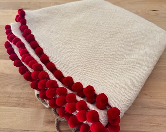 Christmas Tree Skirt - Ivory Burlap Tree Skirt with Red Pom Pom Trim - Fully Lined