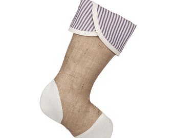 Burlap Christmas Stocking with Blue Stripes, Heel & Toe Patches - Style H