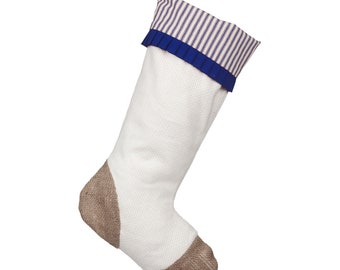 Ivory Woven Cotton Stocking with Burlap Heel and Toe Patches, Blue Stripe Cuff with Navy Blue Pleated Trim
