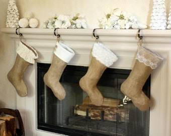 The Classic Cream Line- Set of Four (4) Burlap Stockings, Original Christmas Burlap Stockings