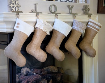 Family Christmas Stockings - Set of 5 - Classic Burlap Christmas Stocking Collection