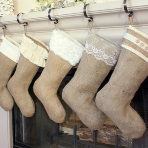 Burlap Christmas Stockings / Classic Cream Line / Set of Five 5 Burlap Stockings / Personalized and Custom image 1