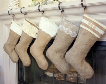 Burlap Christmas Stockings / Classic Cream Line / Set of Five (5) Burlap Stockings / Personalized and Custom