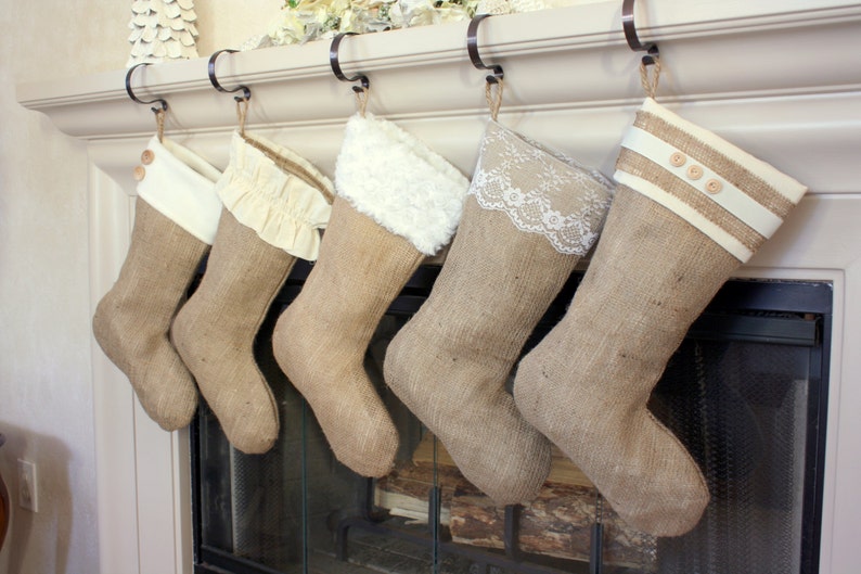 Burlap Christmas Stockings / Classic Cream Line / Set of Five 5 Burlap Stockings / Personalized and Custom image 1