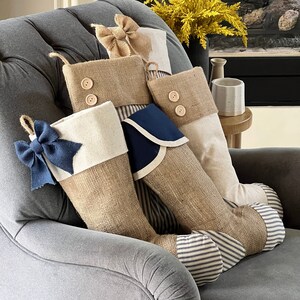 Blue Stripe Stocking with Light Beige Heel and Toe Patches, Burlap Cuff with Two Hand-Sewn Wood Buttons image 9