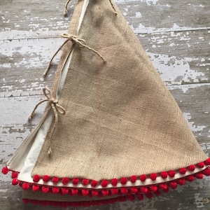 Christmas Tree Skirt Burlap Tree Skirt with Red Pom Pom Fringe image 1