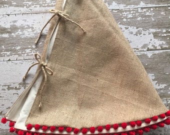 Christmas Tree Skirt- Burlap Tree Skirt with Red Pom Pom Fringe