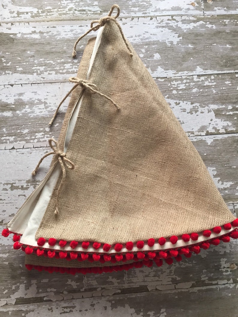 Christmas Tree Skirt Burlap Tree Skirt with Red Pom Pom Fringe image 1