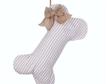 Taupe Stripe Dog Bone Stocking - Christmas Stocking for Dogs - Pet Stocking