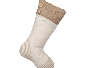 Burlap Christmas Stocking: Tan Stripes, Hand-sewn Wooden Buttons