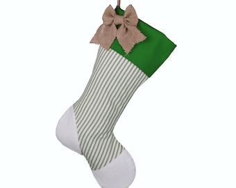 Christmas Stocking with Burlap and Green Ticking Accents