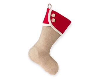 Burlap Stocking wit Red Accents, and Hand-Sewn Wood Buttons