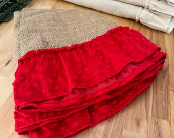 48" Burlap Christmas Tree Skirt with Red Minky Hemmed Ruffle Trim - 48 Inch Diameter