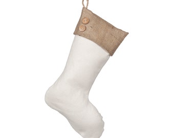 Ivory Christmas Stocking / Cotton Woven Textured with Burlap Cuff  / Personalized Christmas Stocking