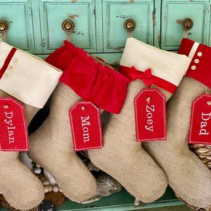 Personalized Burlap Christmas Stockings: Set of 4 with Embroidered Tags