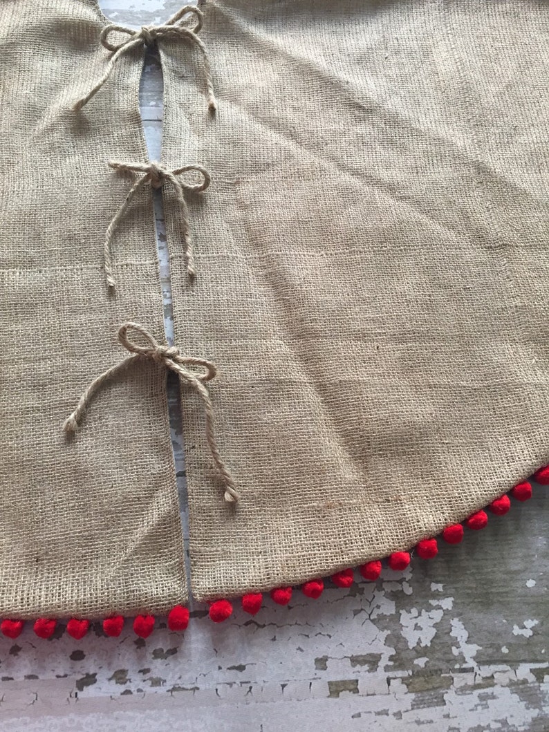 Christmas Tree Skirt Burlap Tree Skirt with Red Pom Pom Fringe image 3