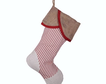 Rustic Christmas Stocking with Burlap and Red Stripes - Old Timey Christmas