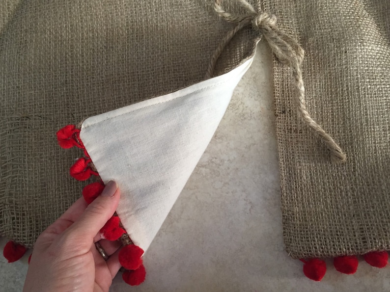 Christmas Tree Skirt Burlap Tree Skirt with Red Pom Pom Fringe image 4