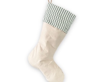 Burlap Stocking with Green Ticking - Farmhouse Christmas Stocking - Style C