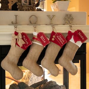 Family Christmas Stockings Burlap Stockings With Red Accent Cuffs and Family Christmas Stockings Burlap Stockings With Red Accent Cuffs and