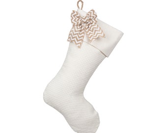 Christmas Stocking with White and Neutral Colors, with Burlap Bow