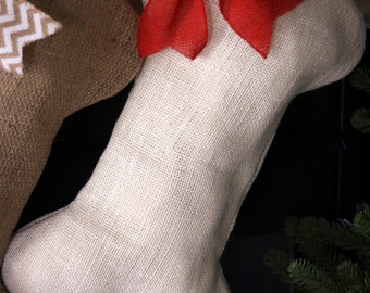 White/Ivory Burlap Dog Bone Christmas Stocking with Optional Bow - Pet Stocking