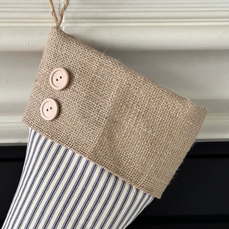 Blue Stripe Stocking with Light Beige Heel and Toe Patches, Burlap Cuff with Two Hand-Sewn Wood Buttons image 3