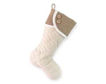 Christmas Stocking - Quilted and Burlap Stocking with Burlap Scallop Cuff and Fleece Trim