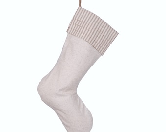 Burlap Stocking with Tan Stripes - Coastal Christmas Stocking - Style C