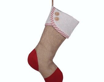 Christmas Stocking with Burlap and Red Ticking Accents