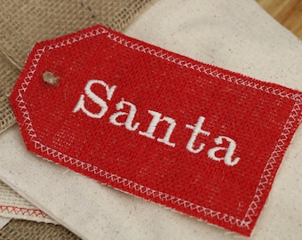 Stocking Tags - Personalized Embroidered Red Burlap Stocking Tag, Reusable Gift Tag