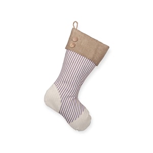 Blue Stripe Stocking with Light Beige Heel and Toe Patches, Burlap Cuff with Two Hand-Sewn Wood Buttons image 1