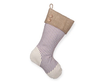 Blue Stripe Stocking with Light Beige Heel and Toe Patches, Burlap Cuff with Two Hand-Sewn Wood Buttons