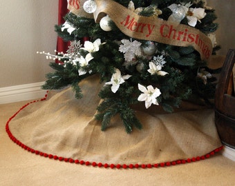 Christmas Tree Skirt - Burlap Tree Skirt with Pom Pom Trim