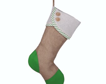 Christmas Stocking with Burlap and Green Ticking Accents