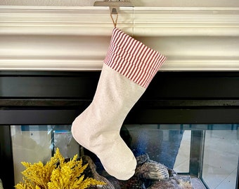 Burlap Stocking with Red Ticking - Farmhouse Christmas Stocking - Style C